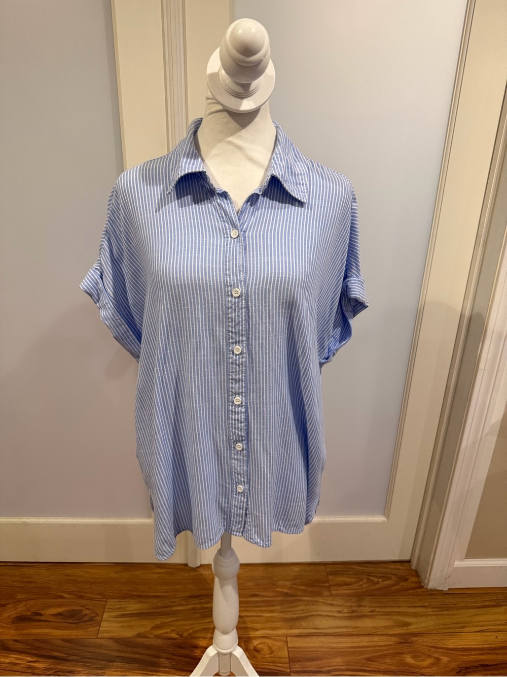 Light Blue Striped Short-Sleeve Button-Up Shirt
